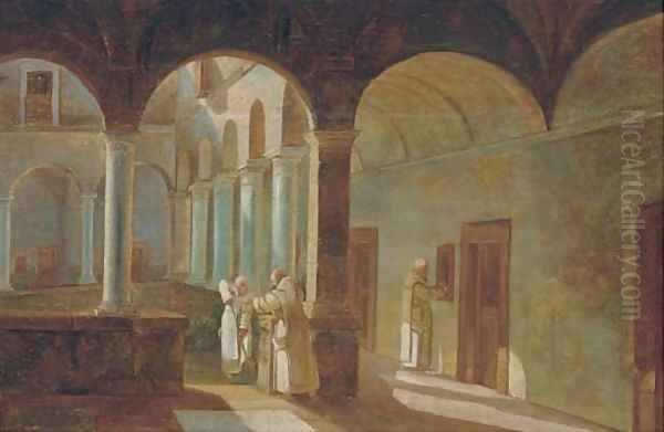 Monks in a sunlit cloister Oil Painting by Ferdinand Marie Delvaux