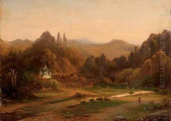 A riverside village in a valley Oil Painting by Johannes Josephus Destree