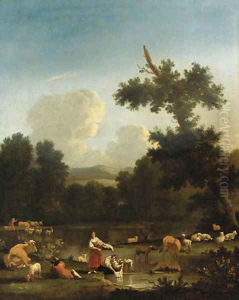 A wooded landscape with women washing clothesby a lake, with herdsmen, cattle and sheep Oil Painting by Of Karel Dujardin