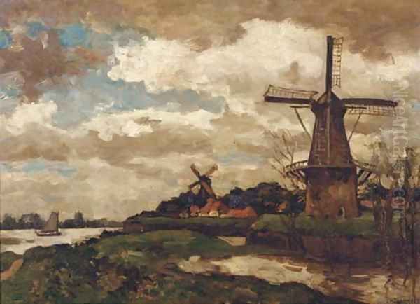 Omgeving Woudrichem windmills by a river Oil Painting by Charles Dankmeijer