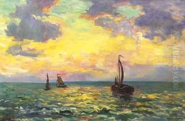 Avondstemming Noordzee sailingvessels on the Northsea at sunset Oil Painting by Charles Dankmeijer