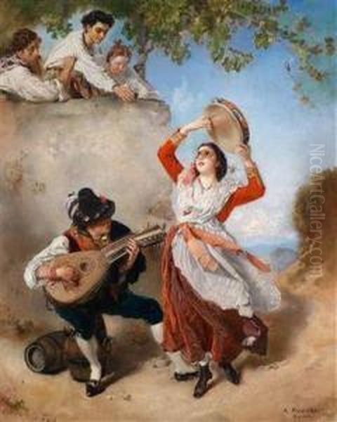 Tarantellatanzerin Und Mandolinenspieler In Frohlichergesellschaft Oil Painting by Anton Romako