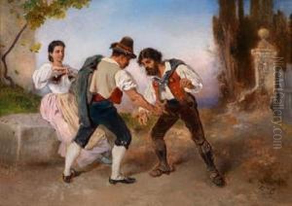 Italienischebauern Beim Morra-spiel Und Eine Bauerin Mit Weinflasche Oil Painting by Anton Romako