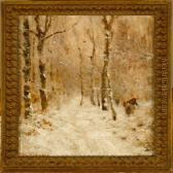 A Winter Landscape Witha Woman Gathering Firewood In The Forrest Oil Painting by Anton Romako