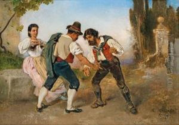 Italienische Bauern Beim Morra-spiel Und Eine Bauerin Mit Weinflasche Oil Painting by Anton Romako