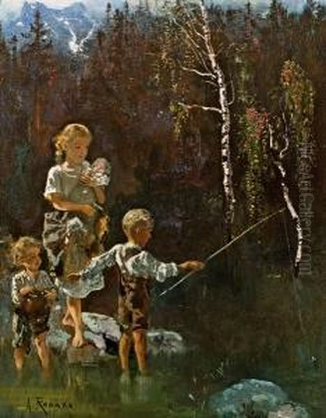 Angelnde Kinder Vor Einem Birkenwald Oil Painting by Anton Romako