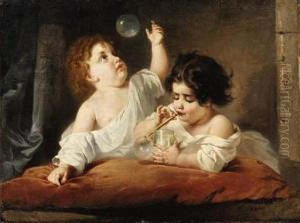 Children Blowing Bubbles Oil Painting by Anton Romako