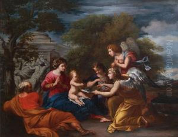 Gli Angeli Rendono Omaggio A Gesu Bambino Oil Painting by Giovanni Francesco Romanelli