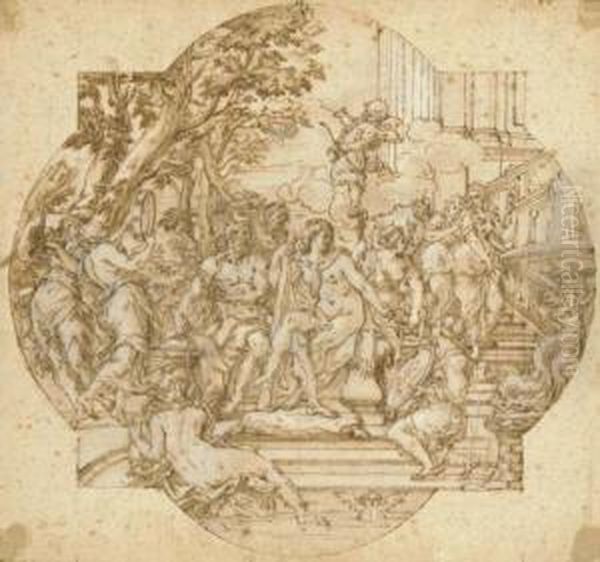 Hercules And Omphale With Nymphs
 On A Staircase Leading To A Fountain: Design For A Compartment Oil Painting by Giovanni Francesco Romanelli