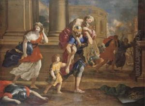 The Flight Of Aeneas And His Family Oil Painting by Giovanni Francesco Romanelli