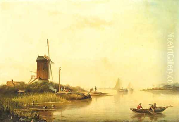 A river landscape with fishermen, a windmill nearby Oil Painting by Jacob Hendrik Van Duinen