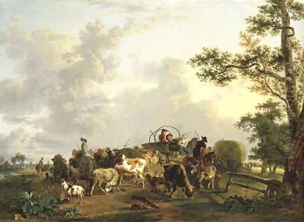 A pastoral landscape with peasants and livestock with wagons and a haywain during the harvest, a town beyond Oil Painting by Jean-Louis Demarne