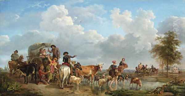 Peasants with Carts and Cattle crossing a Ford, a castle in an extensive landscape beyond Oil Painting by Jean-Louis Demarne