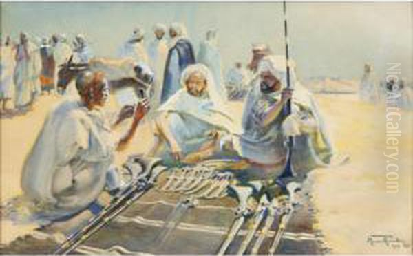 Marchands D'armes Au Souk El Khemis Oil Painting by Maurice Romberg De Vaucorbeil