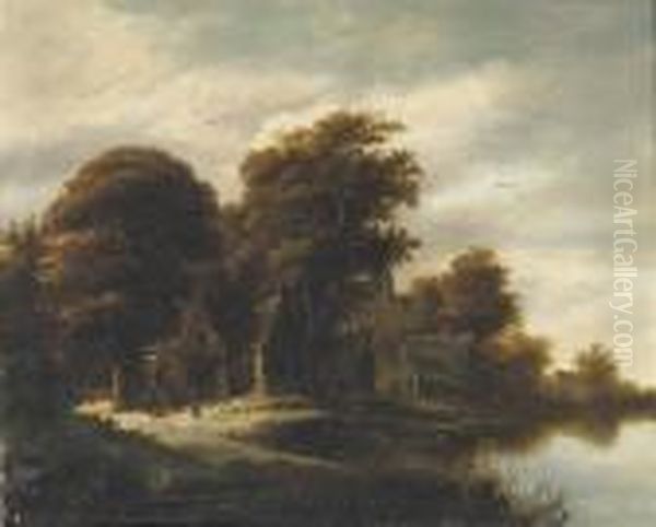 A Wooded River Landscape With Figures Outside A Cottage Oil Painting by Salomon Rombouts