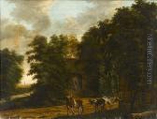 A Wooded Landscape With Cattle On A Path Before A Farmstead Oil Painting by Salomon Rombouts