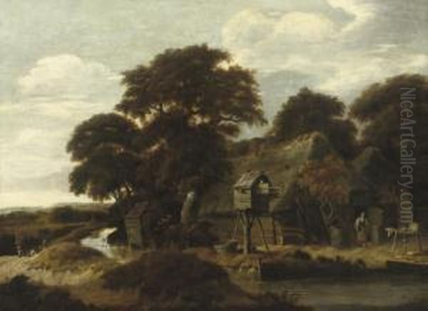 A Wooded River Landscape With A Farmyard And A Dovecote Oil Painting by Salomon Rombouts