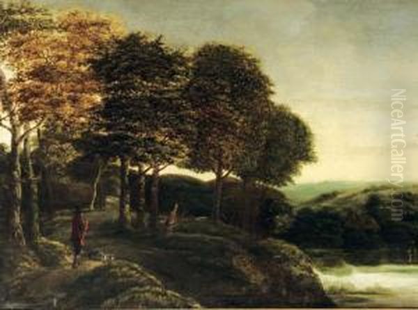 A Wooded River Landscape With A Hunter And His Dogs On A Track Oil Painting by Salomon Rombouts