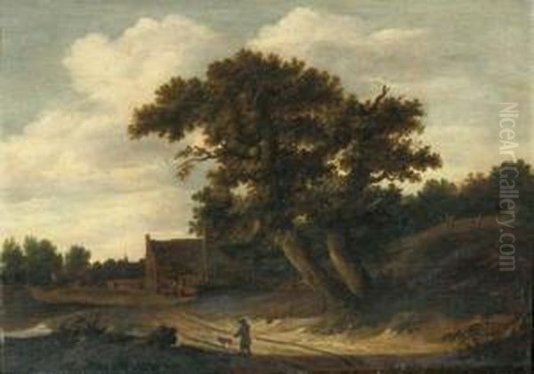 A Wooded Landscape With A 
Traveller And His Dog On A Track, A Village With Peasants Beyond Oil Painting by Salomon Rombouts