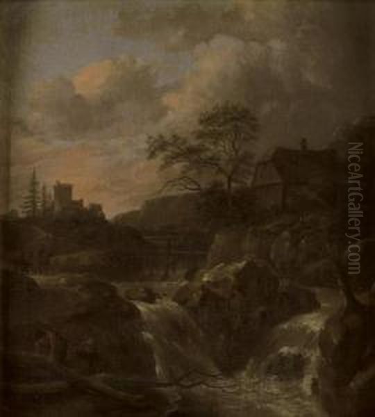 A Torrent In A Scandinavian Landscape Oil Painting by Salomon Rombouts