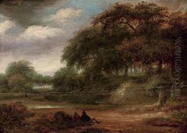 A Wooded River Landscape With Travellers Resting On A Track Oil Painting by Salomon Rombouts