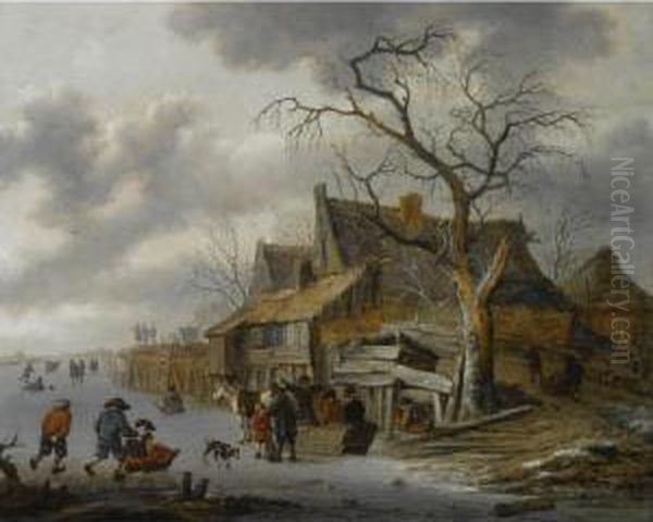 A Winter Landscape With Figures Skating On A Frozen River Oil Painting by Salomon Rombouts