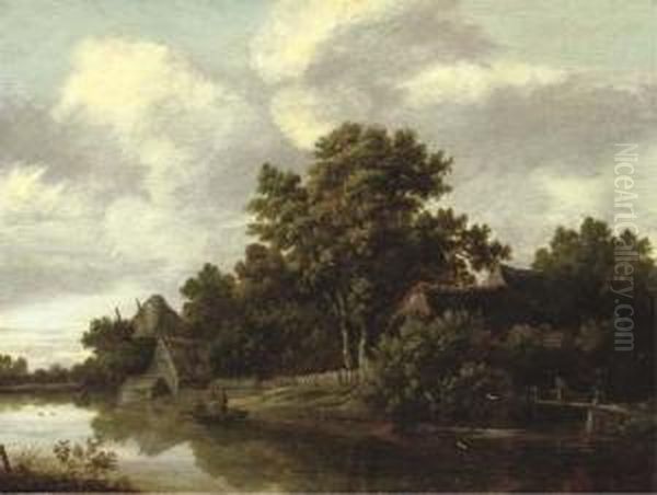 A Wooded River Landscape With A 
Peasant Crossing A Bridge And Fishermen In A Boat, Cottages Nearby Oil Painting by Salomon Rombouts