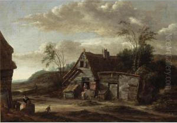 A Dune Landscape With A Farm With A Woman And A Child At A Door Oil Painting by Salomon Rombouts