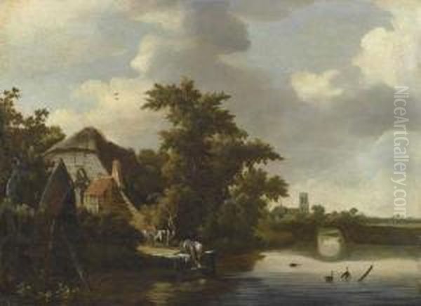 River Landscape With Washerwoman. Oil Painting by Salomon Rombouts