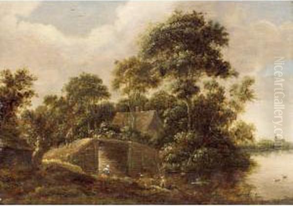 A River Landscape With A 
Fisherman Near A Bridge, A Cottage In The Woods Beyond And A Church In 
The Background Oil Painting by Salomon Rombouts