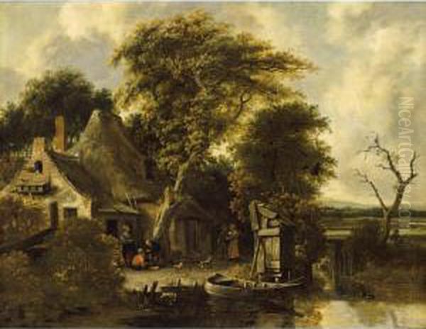 A Wooded Landscape With Peasants
 In A Courtyard Near A Farm With A Stream In The Foreground Oil Painting by Salomon Rombouts