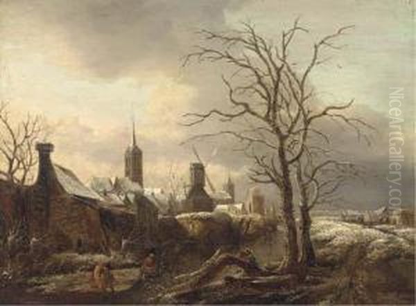 A Winter Landscape With Peasants Skating Oil Painting by Salomon Rombouts