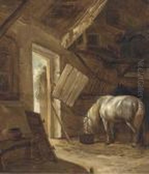 A Barn Interior With A Horse Feeding Oil Painting by Salomon Rombouts