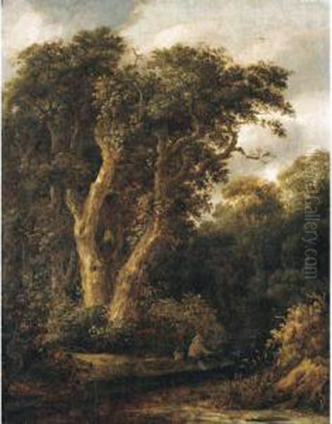 A Wooded Landscape With A Boor Fishing Oil Painting by Salomon Rombouts