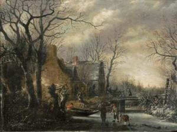 A Winter Landscape With Peasants Playing Kolf On A Frozenriver Oil Painting by Salomon Rombouts