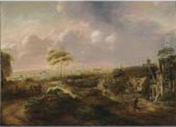 A Landscape With Travellers On A Path Near Houses, A View Of A City Beyond Oil Painting by Salomon Rombouts