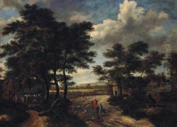 A Wooded Landscape With A Hamlet And Travellers On A Track Oil Painting by Salomon Rombouts