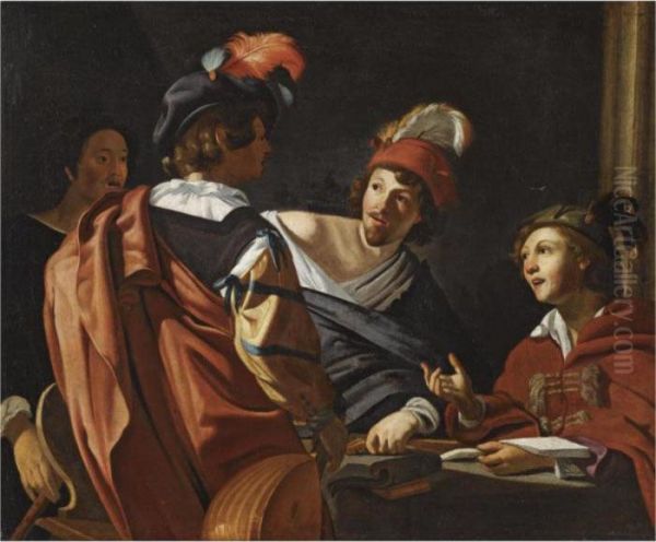 A Group Of Figures Around A Table Making Music Oil Painting by Salomon Rombouts