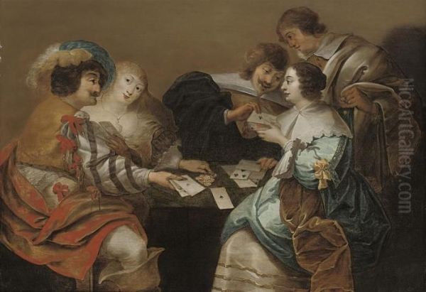 Elegant Company Playing Cards In An Interior Oil Painting by Salomon Rombouts