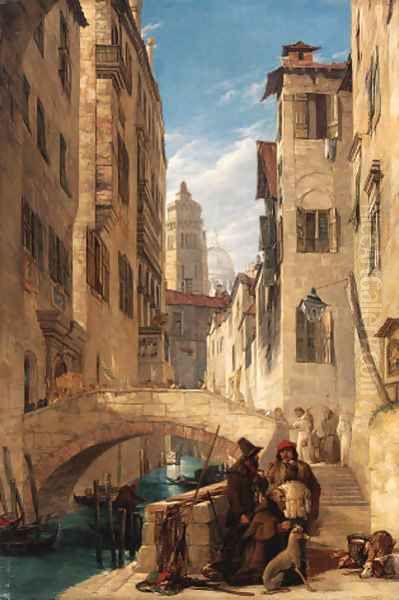 View of a Venetian canal with a religious procession on a bridge, and a monk at the foot of the steps Oil Painting by John Scarlett Davis