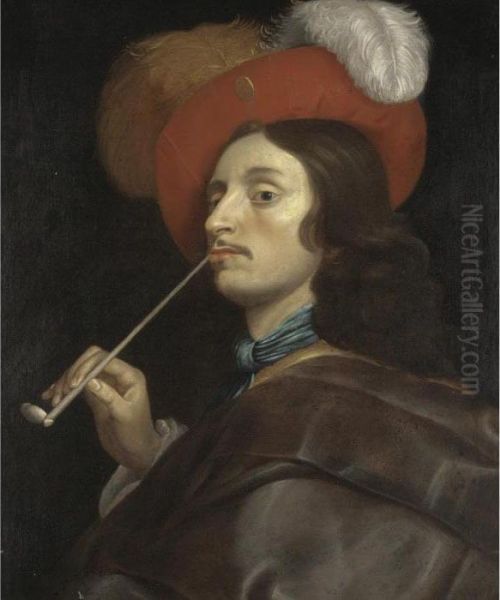 A Cavalier Smoking A Pipe Oil Painting by Salomon Rombouts