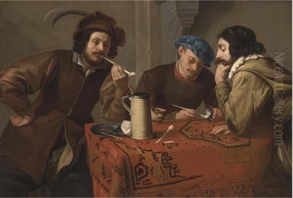 Three Men Smoking And Drinking At A Table In An Interior Oil Painting by Salomon Rombouts