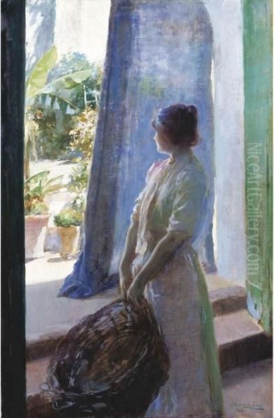 Mujer Asomada A La Puerta Del Jardin Oil Painting by Julio Romero De Torres