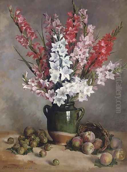 Gladioli in an earthenware ewer with peaches and plums Oil Painting by Marie Dubreuil