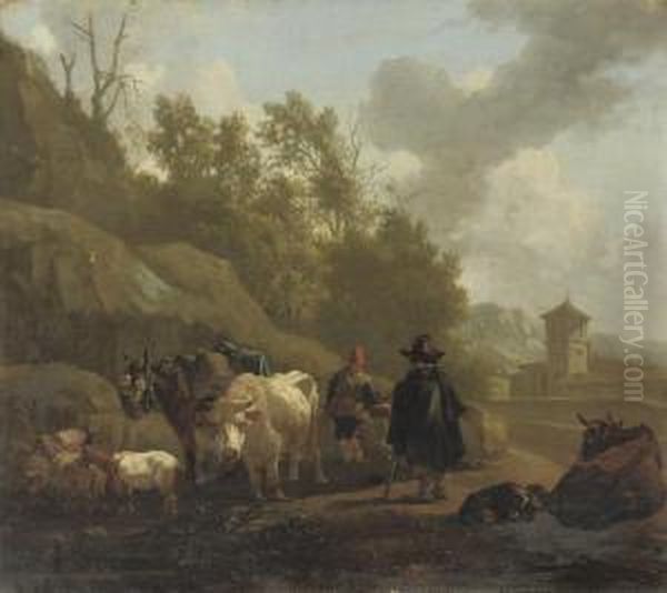 A Cowherd And Cattle In An Italianate Landscape Oil Painting by Willem Romeyn