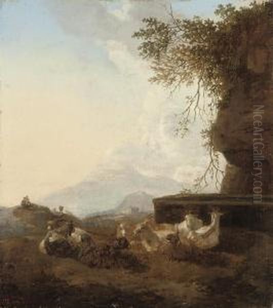 A Shepherd And His Flock At Rest By A Water Trough Oil Painting by Willem Romeyn