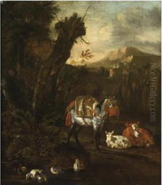 An Italianate Wooded Landscape 
With A Harnessed Donkey, A Cow, Asheep And Ducks Near A Pond In The 
Foreground Oil Painting by Willem Romeyn