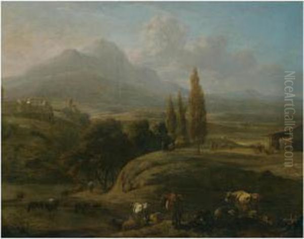 A Panoramic Landscape With Herders And Their Cattle In Theforeground Oil Painting by Willem Romeyn