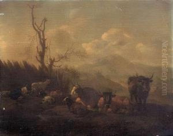 Resting Cattle In An Italianlandscape Oil Painting by Willem Romeyn