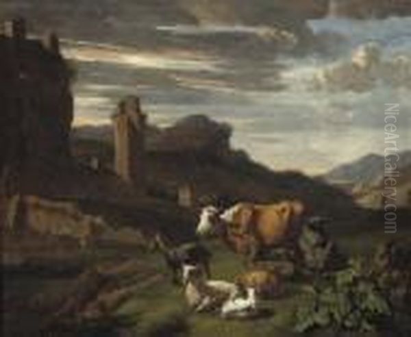 A Wooded Landscape With Cattle And Sheep Oil Painting by Willem Romeyn